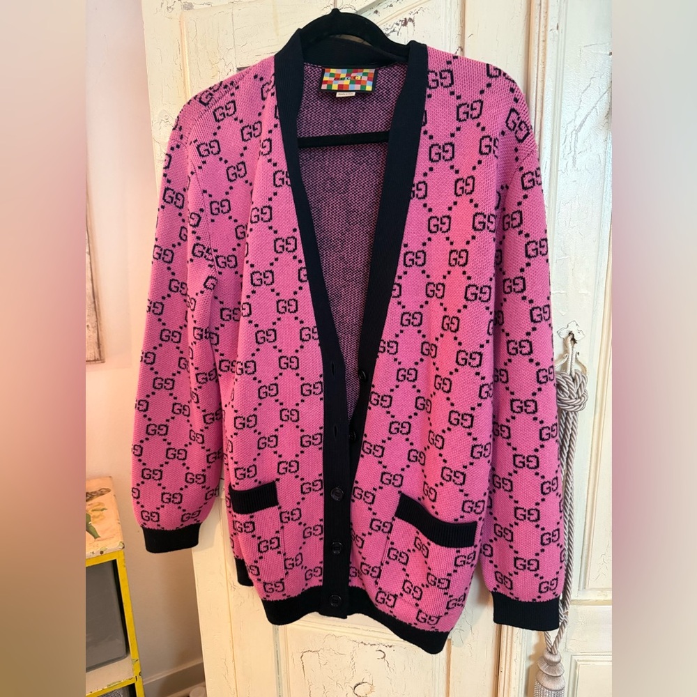 Gucci Pink Cardigan with Black GG Logo Trim